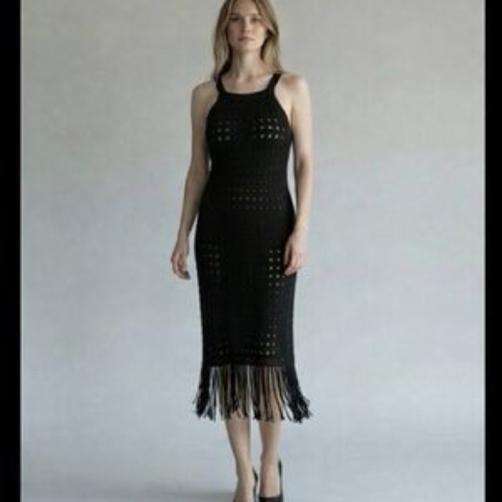 House of Harlow 1960 Knit/Crochet Eyelet Fringe Black Dress size small